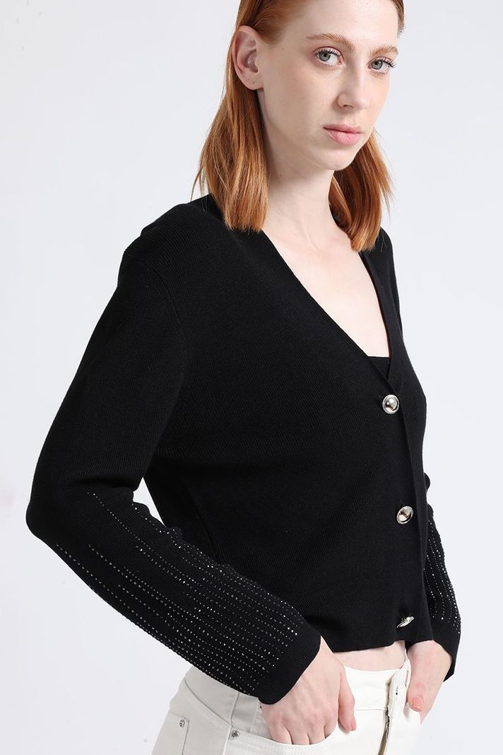 Cardigan Tejido Punto, Boton Strass, Negro Liola-0