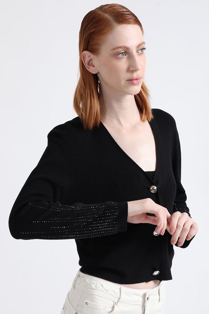 Cardigan Tejido Punto, Boton Strass, Negro Liola-1