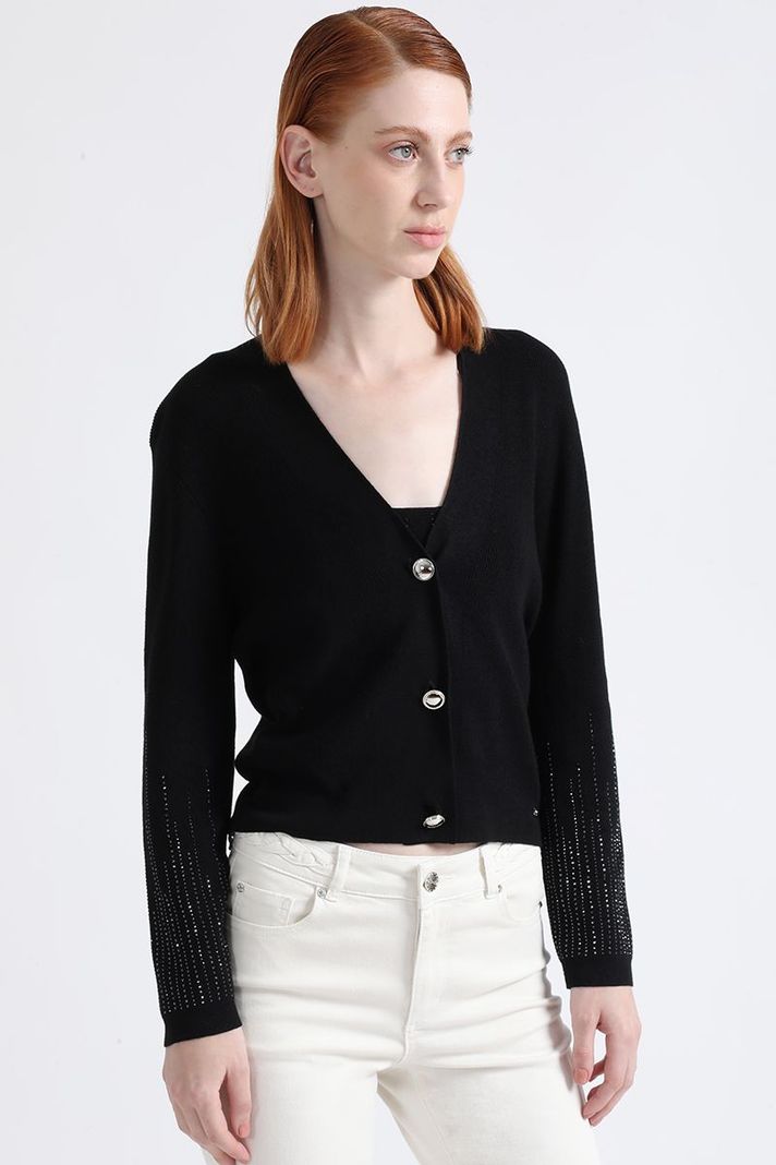 Cardigan Tejido Punto, Boton Strass, Negro Liola-2