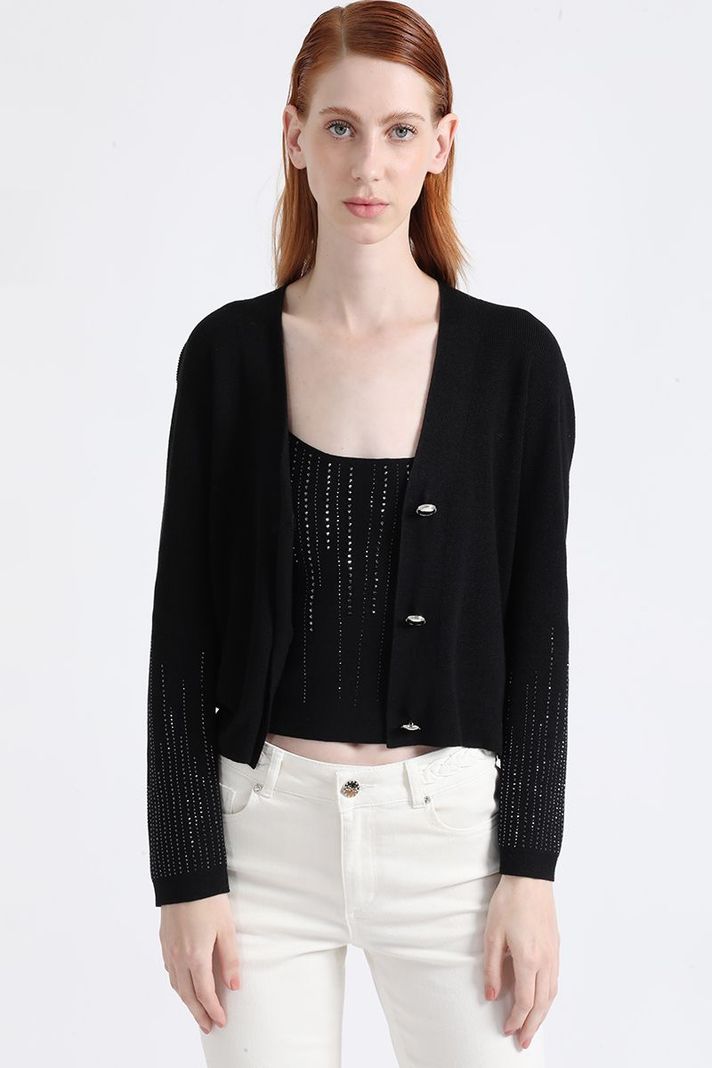 Cardigan Tejido Punto, Boton Strass, Negro Liola-3