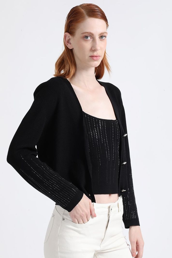 Cardigan Tejido Punto, Boton Strass, Negro Liola-4