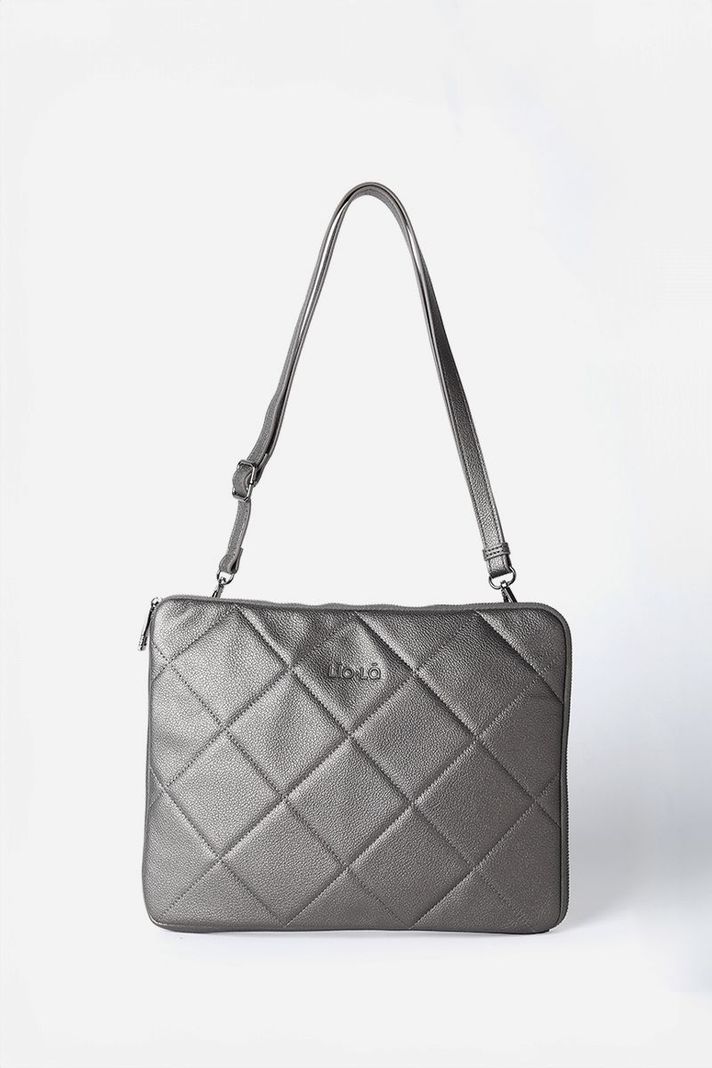Bolso Laptop, Acolchado, Efecto Cuero Metalizado, Gris Liola-3