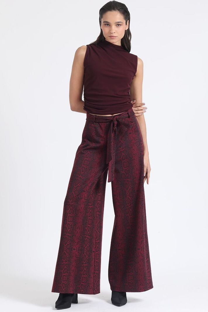 Pantalon Palazzo, Tiro Alto, Estampado Piton, Burdeo Liola-1