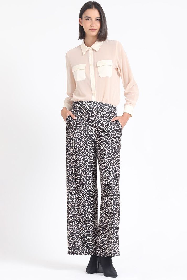 Pantalon Ancho, Tiro Alto, Estampado Leopardo, Cafe Liola-0