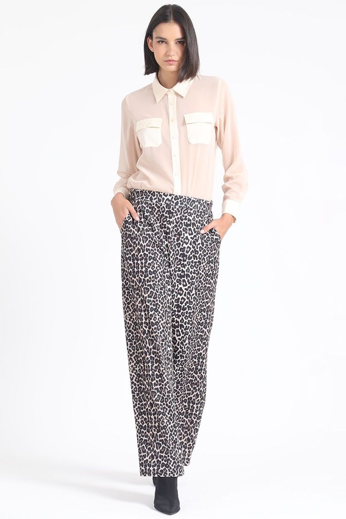Pantalon Ancho, Tiro Alto, Estampado Leopardo, Cafe Liola-1