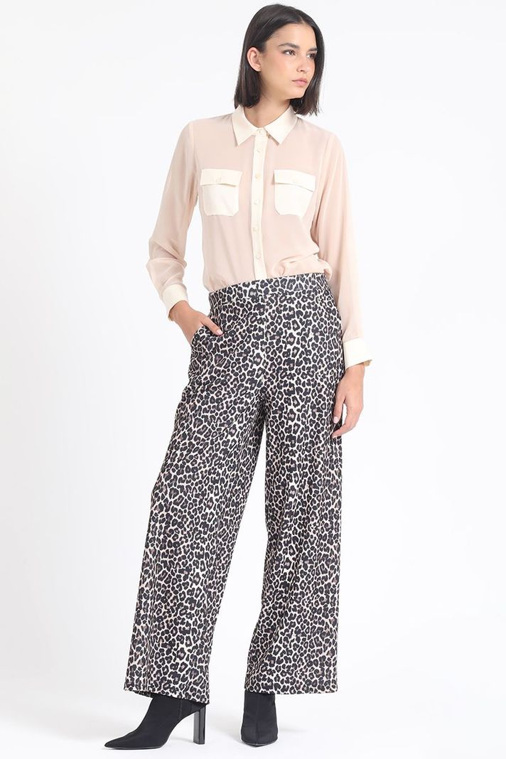 Pantalon Ancho, Tiro Alto, Estampado Leopardo, Cafe Liola-2