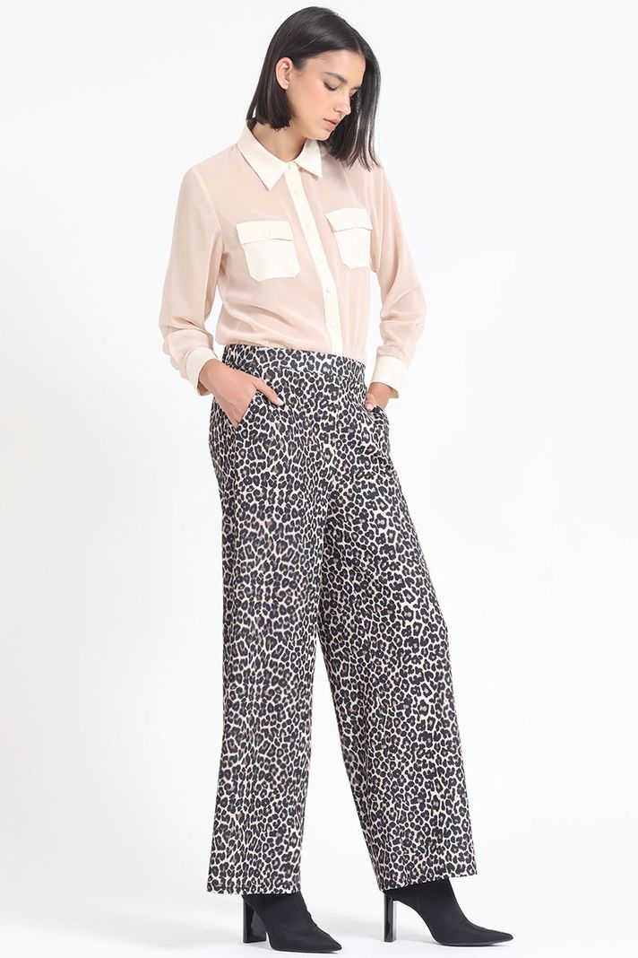 Pantalon Ancho, Tiro Alto, Estampado Leopardo, Cafe Liola-3