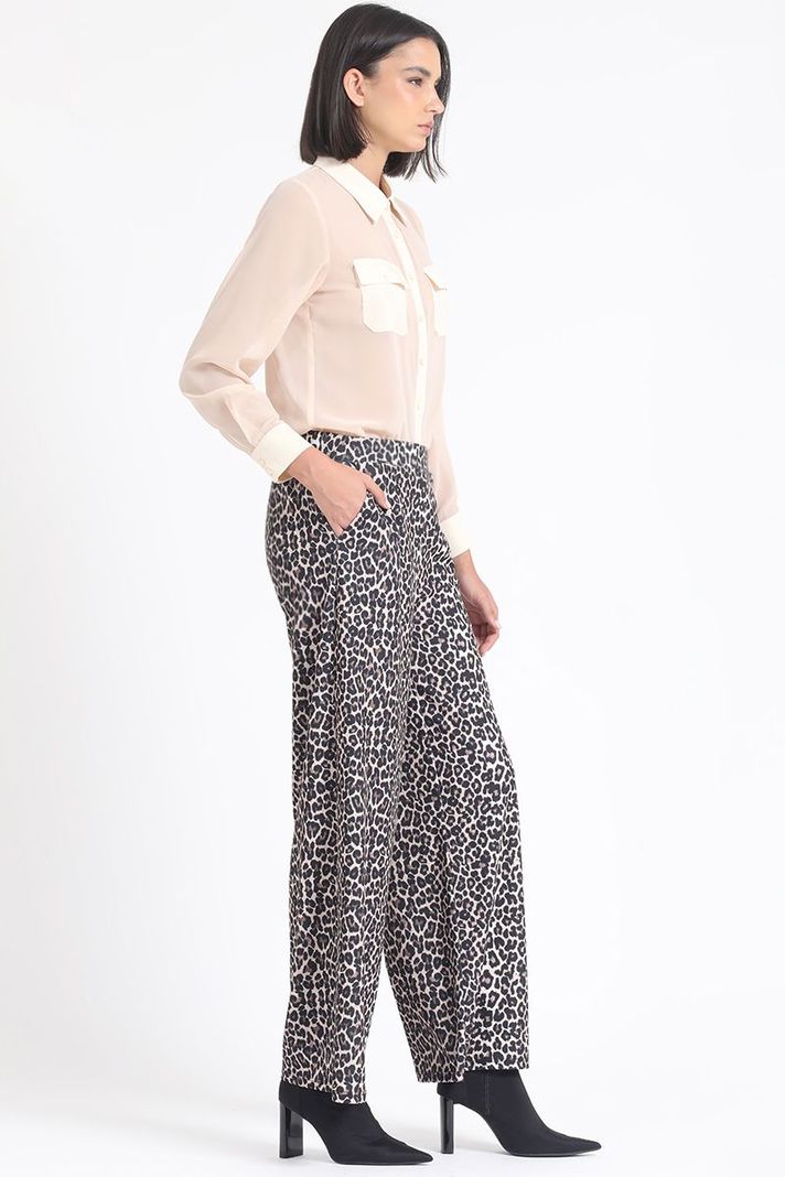 Pantalon Ancho, Tiro Alto, Estampado Leopardo, Cafe Liola-4