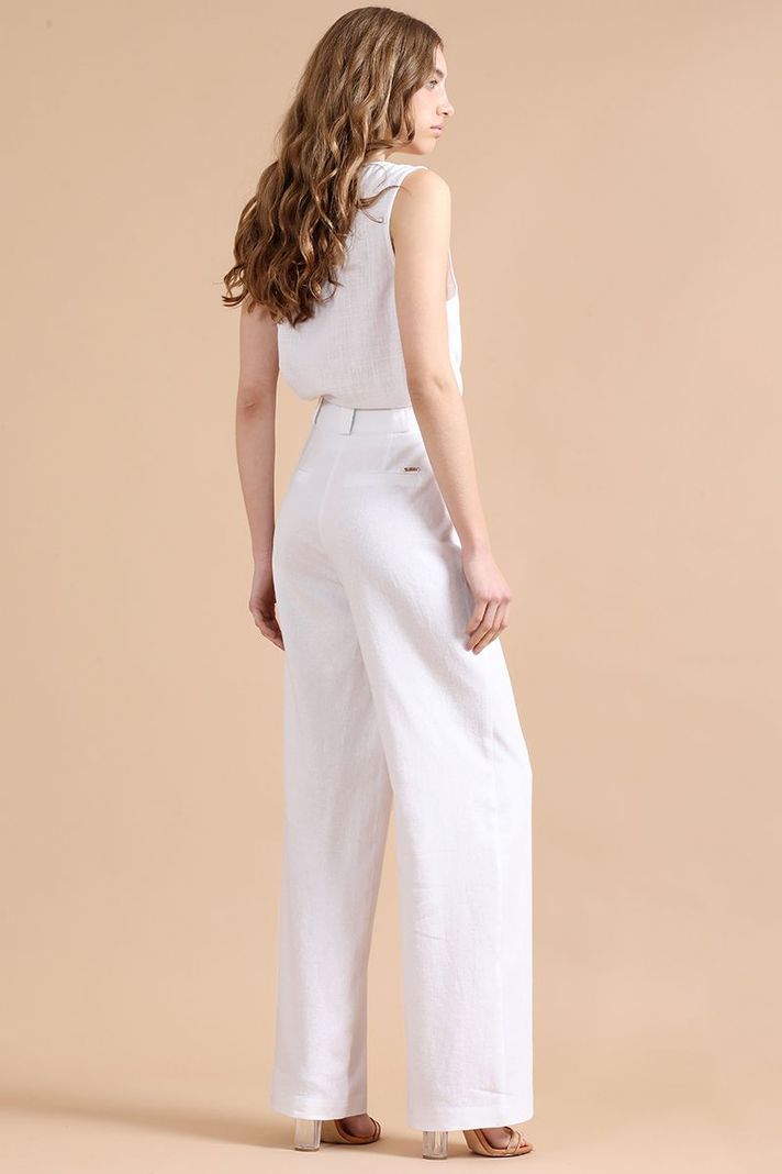 Pantalon Ancho Con Lino, Tiro Alto, Crudo Liola-2