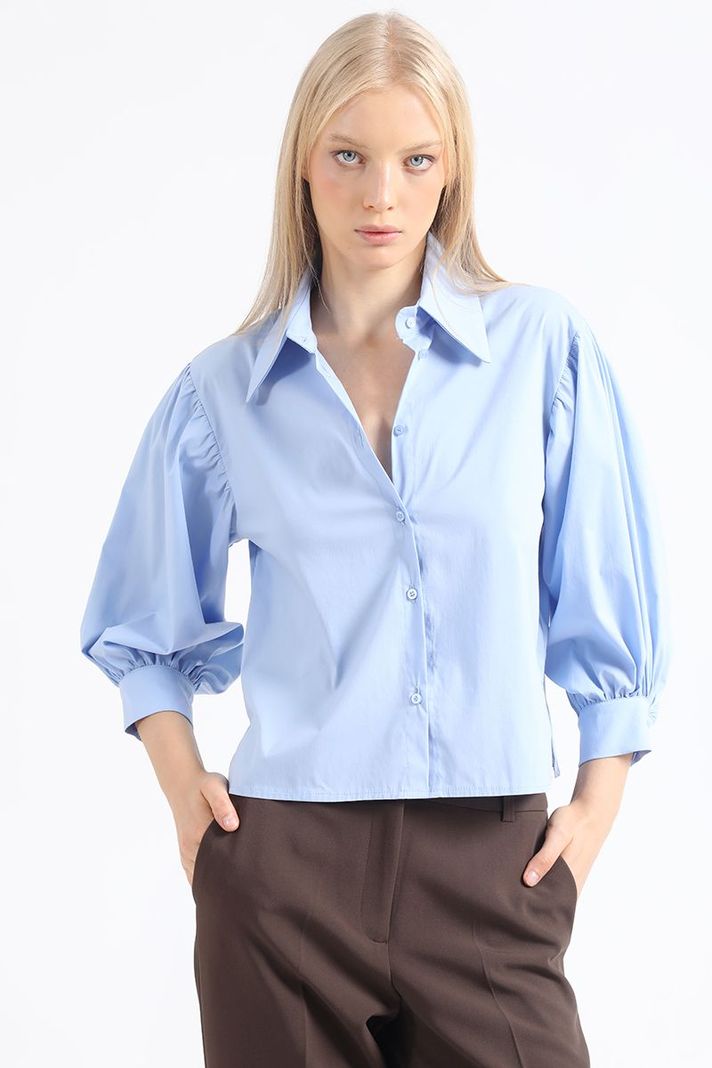 Camisa Crop, Hombro Recogido, Celeste Liola-0