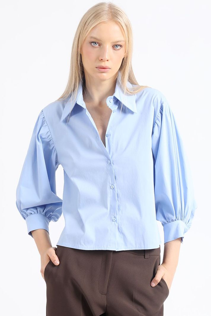 Camisa Crop, Hombro Recogido, Celeste Liola-4