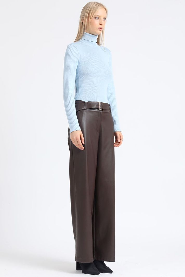 Pantalon Ancho, Con Cinturon, Efecto Cuero, Chocolate Liola-1