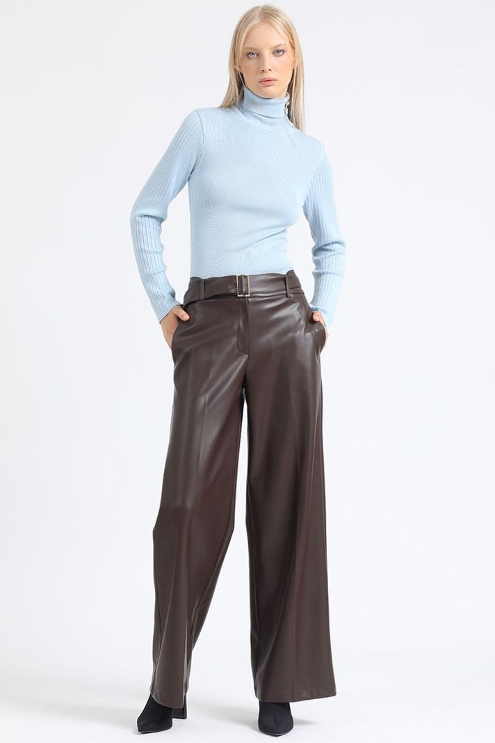 Pantalon Ancho, Con Cinturon, Efecto Cuero, Chocolate Liola-2