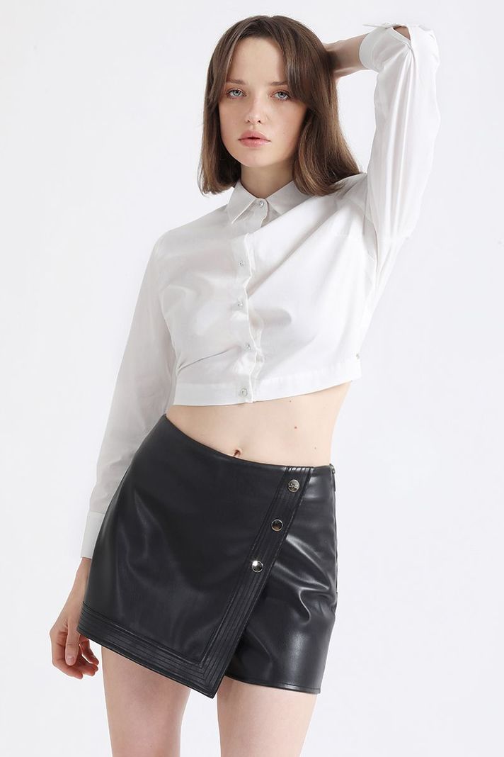 Falda Pantalón Tiro Alto, Efecto Cuero, Negro Liola-0