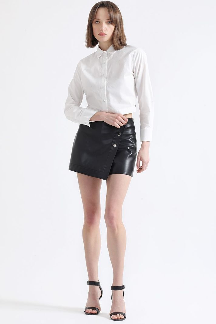 Falda Pantalón Tiro Alto, Efecto Cuero, Negro Liola-1