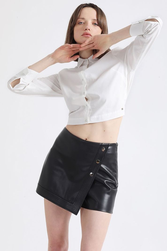 Falda Pantalón Tiro Alto, Efecto Cuero, Negro Liola-5