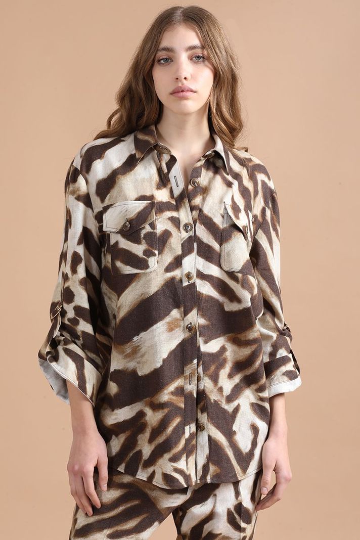 Chaqueta Sobrecamisa Con Lino, Animal Print, Café Liola-2