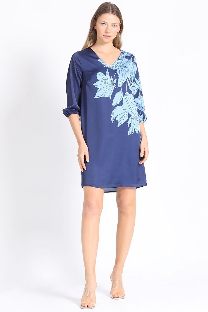 Vestido Recto Satin Estampado, Azul Liola-1