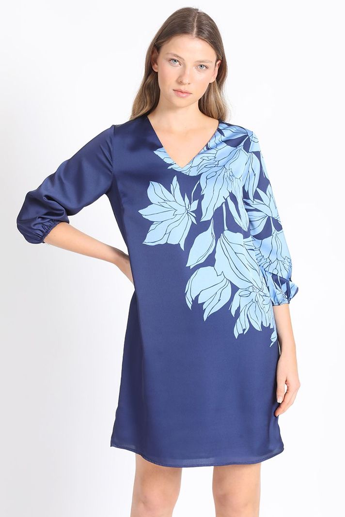 Vestido Recto Satin Estampado, Azul Liola-2