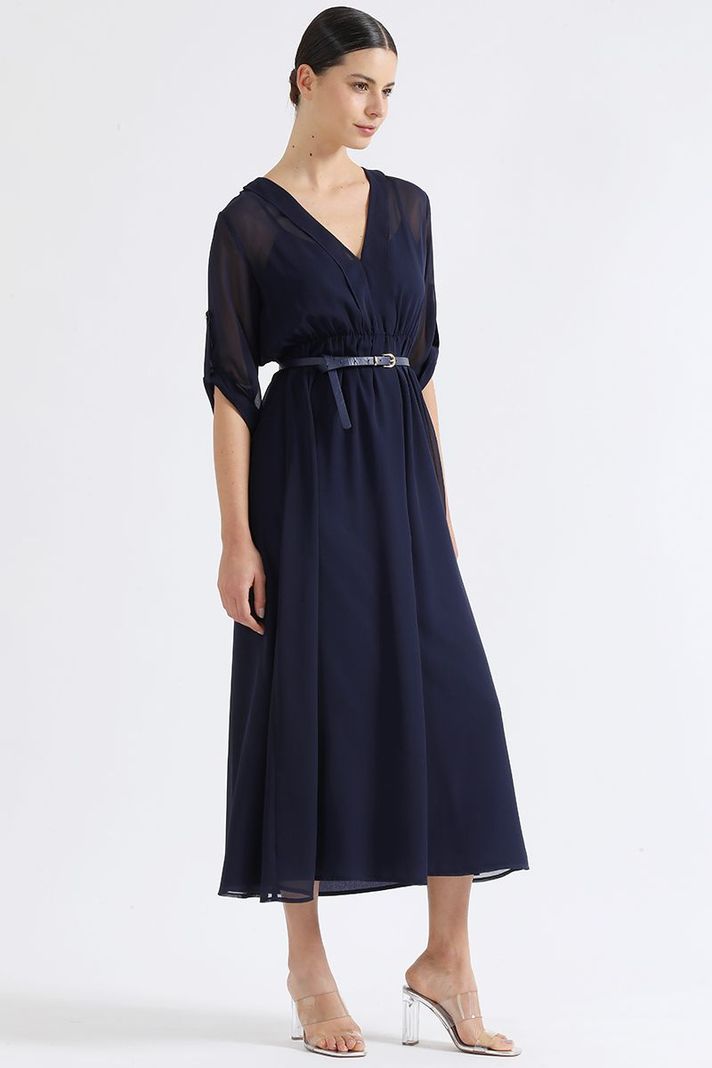 Vestido Largo Gasa Semi Trasparente, Azul Marino Liola-0