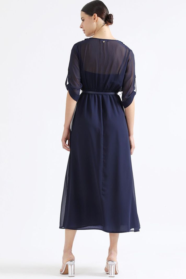 Vestido Largo Gasa Semi Trasparente, Azul Marino Liola-1