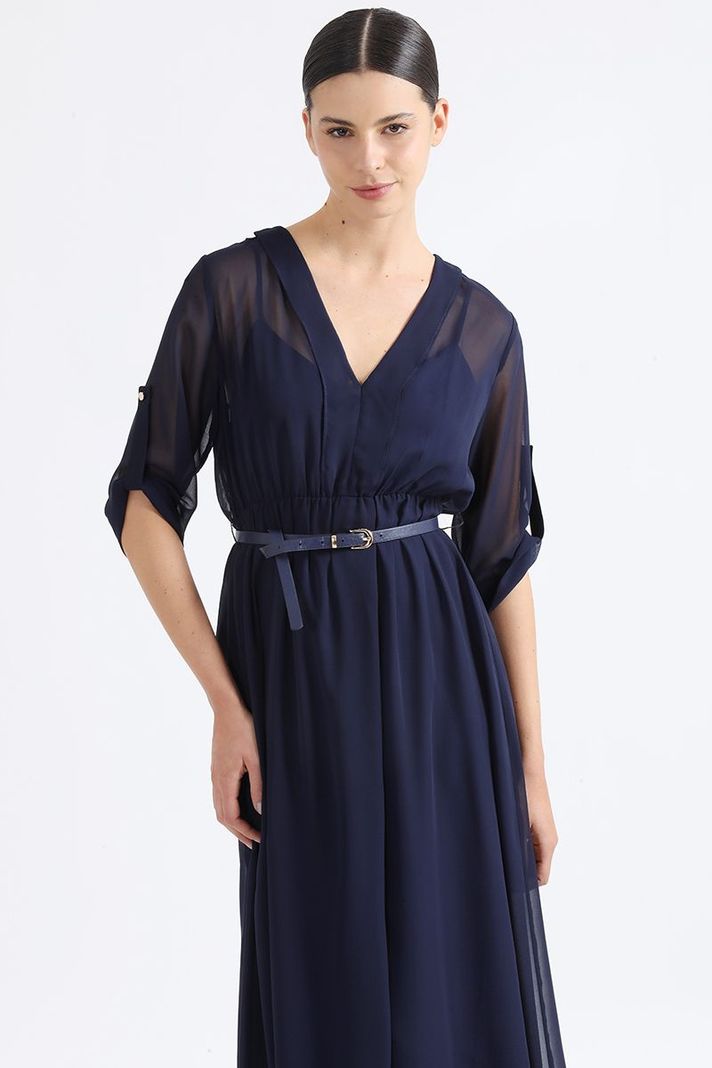 Vestido Largo Gasa Semi Trasparente, Azul Marino Liola-2