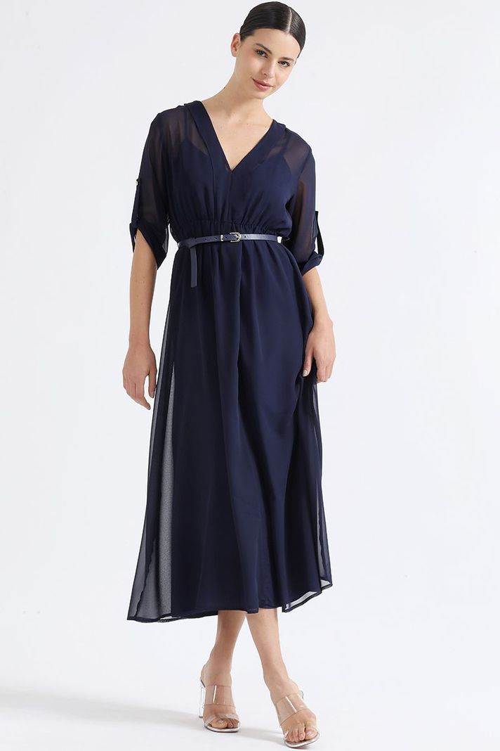 Vestido Largo Gasa Semi Trasparente, Azul Marino Liola-3