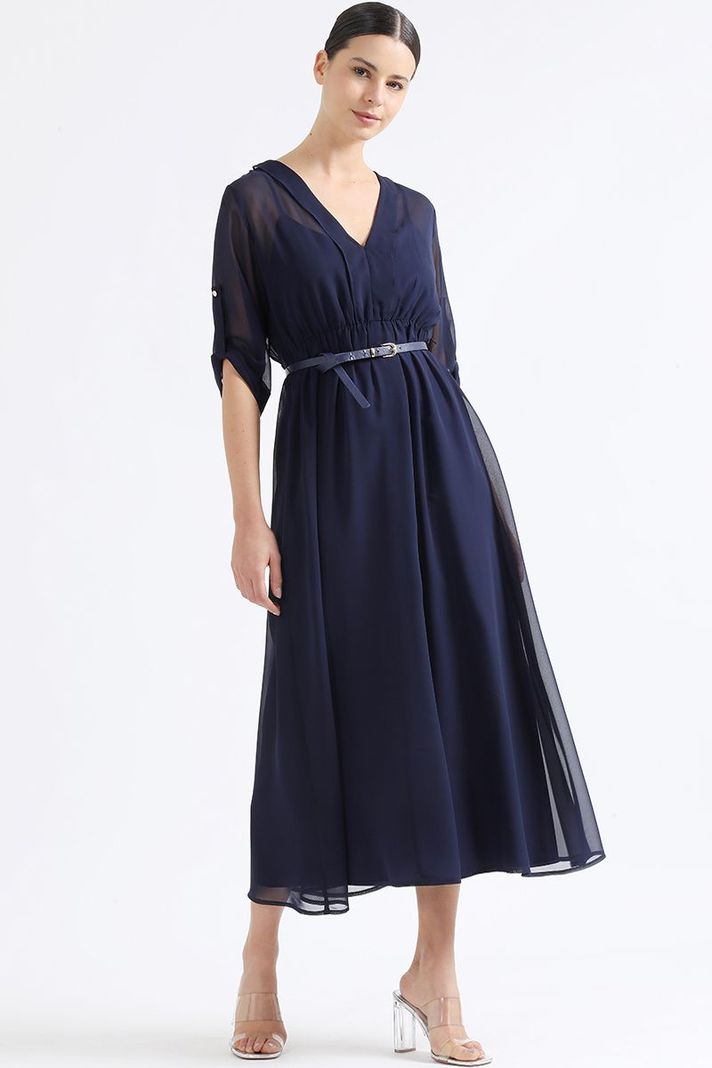 Vestido Largo Gasa Semi Trasparente, Azul Marino Liola-4