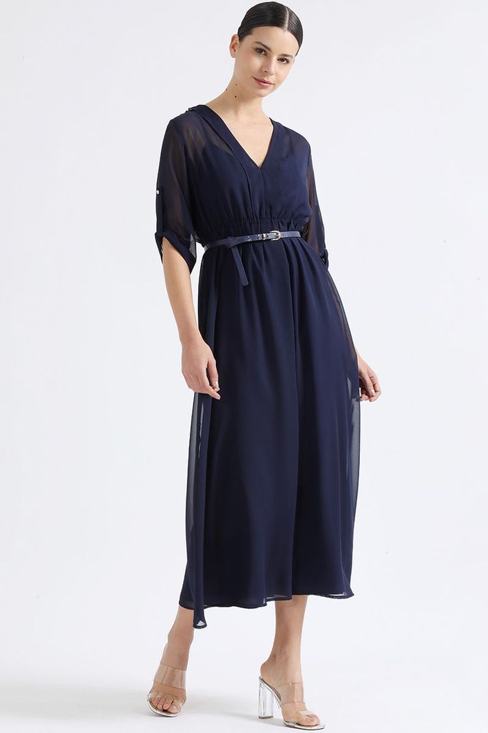Vestido Largo Gasa Semi Trasparente, Azul Marino Liola-5
