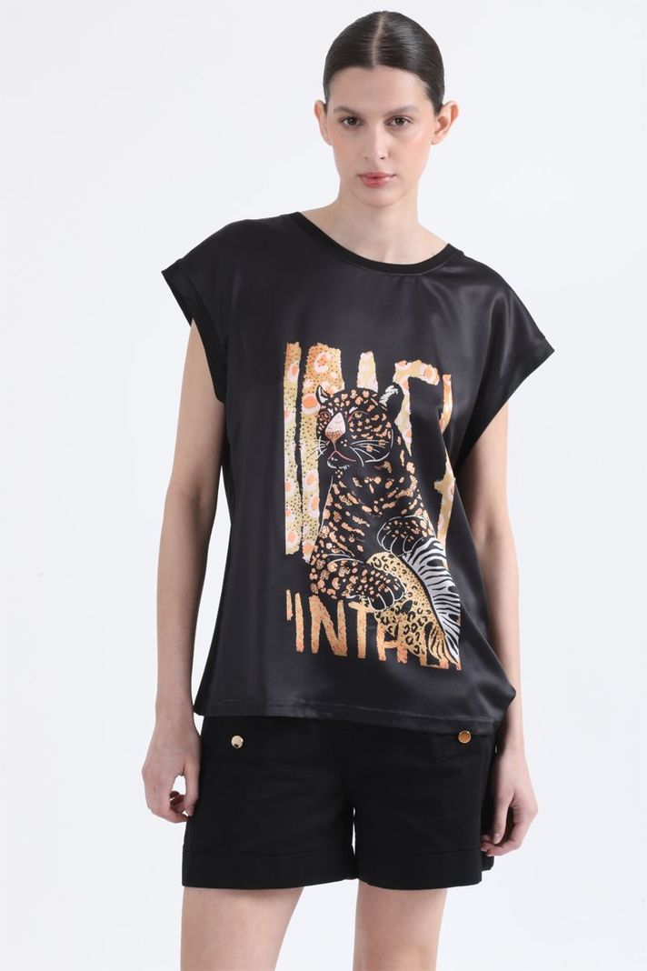 Polera Con Satin Estampado Tigre Animal, Negro Liola-5