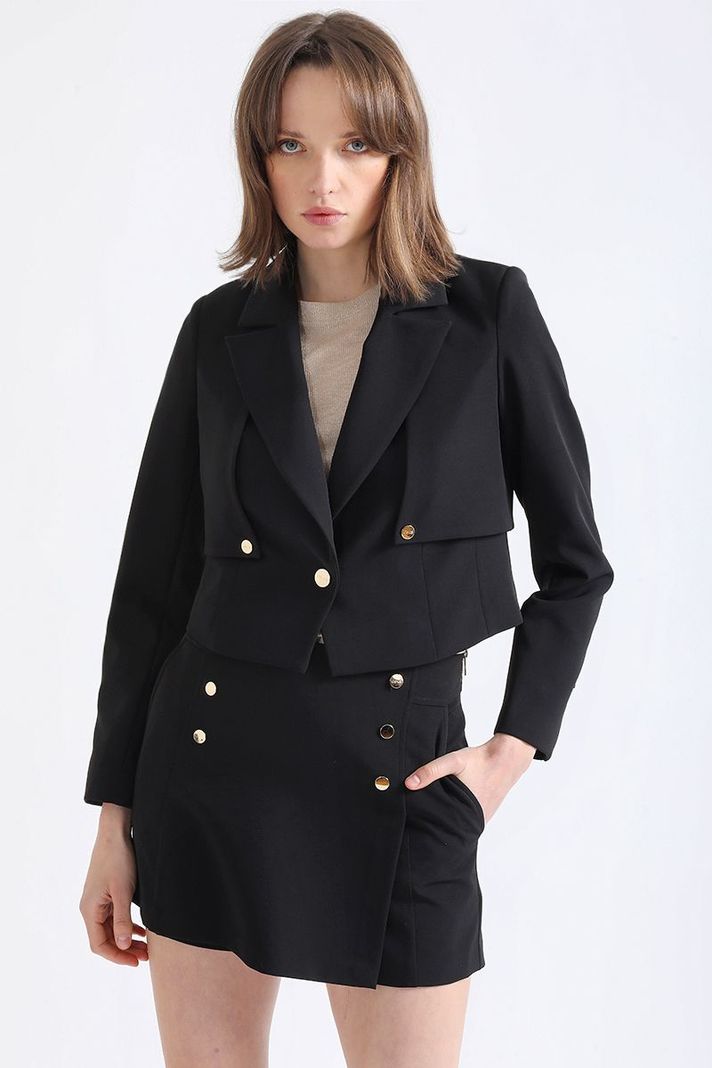Blazer Cropped Tipo Trench, Negro Liola-0