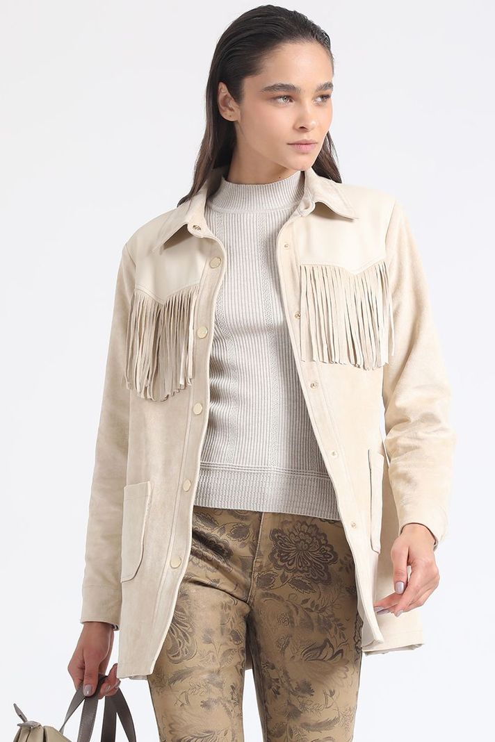 Chaqueta Larga Flecos Efecto Gamuza, Beige Liola-0