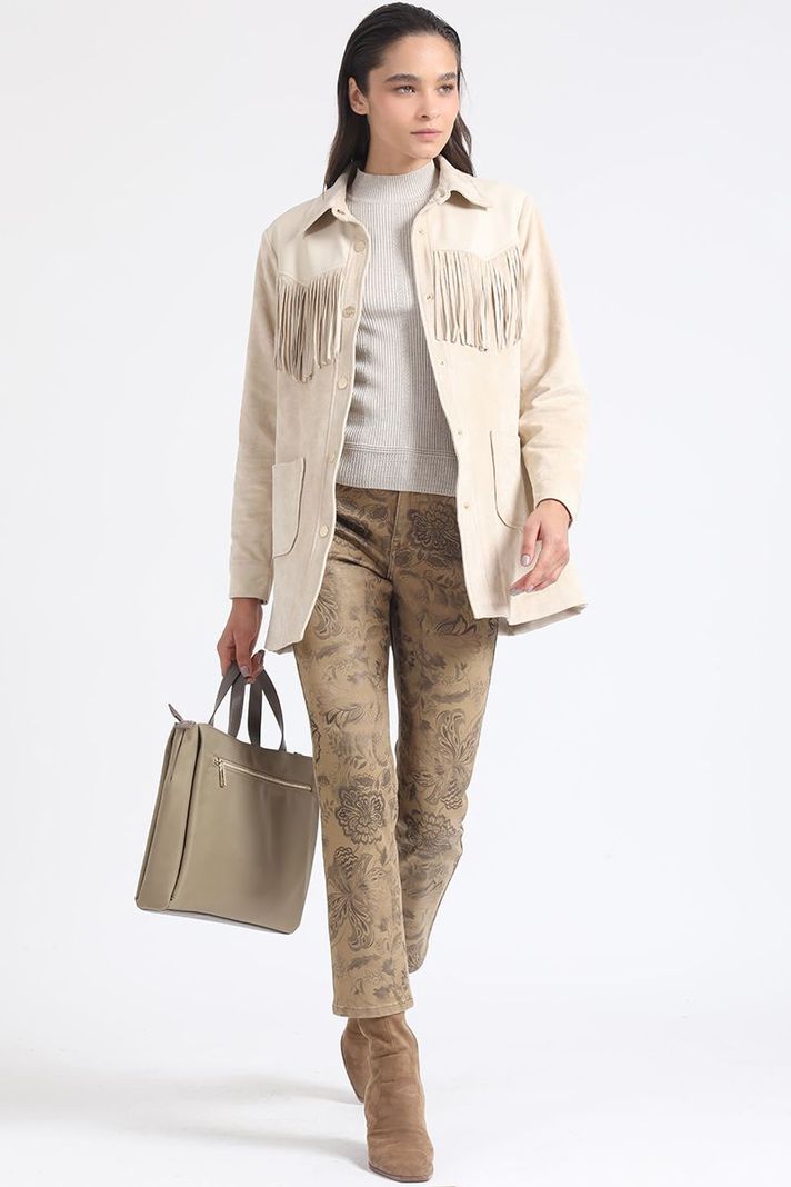 Chaqueta Larga Flecos Efecto Gamuza, Beige Liola-1