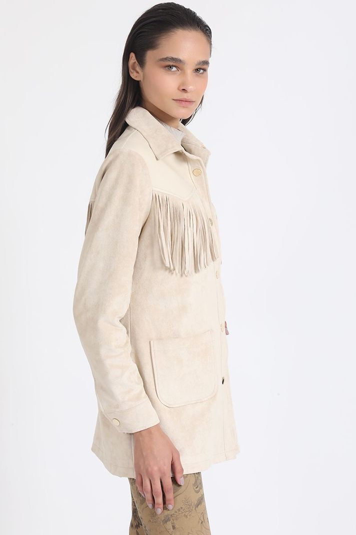 Chaqueta Larga Flecos Efecto Gamuza, Beige Liola-2