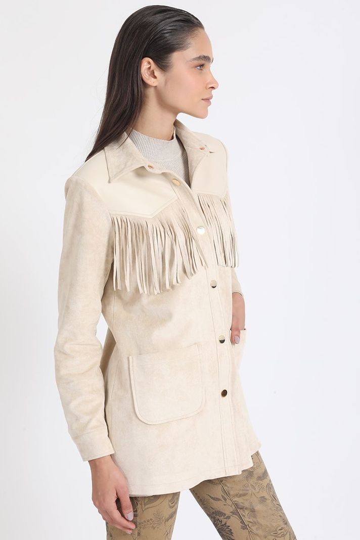 Chaqueta Larga Flecos Efecto Gamuza, Beige Liola-3