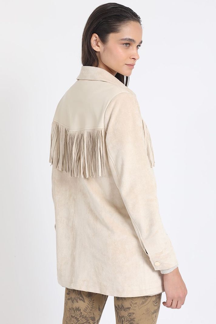 Chaqueta Larga Flecos Efecto Gamuza, Beige Liola-4