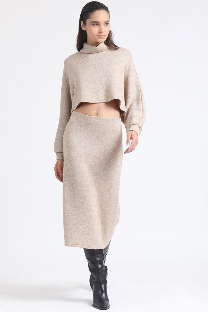 Falda Midi Tejido, Tubo, Con Hilo Metalizado, Beige Liola-0