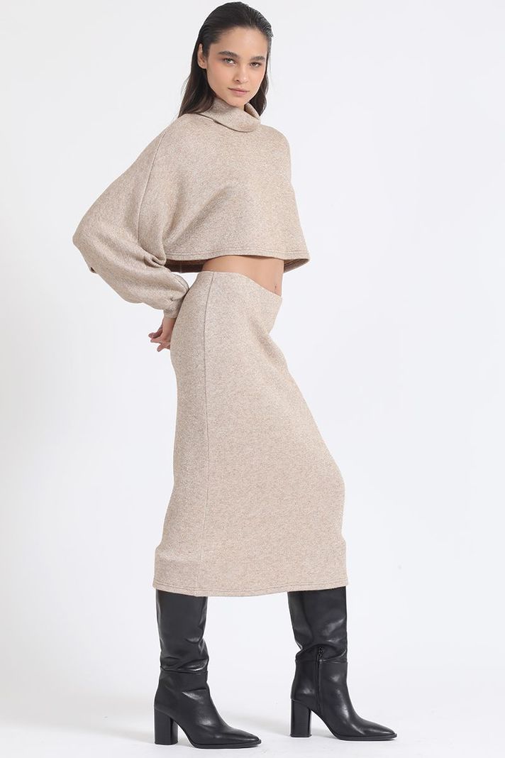 Falda Midi Tejido, Tubo, Con Hilo Metalizado, Beige Liola-1