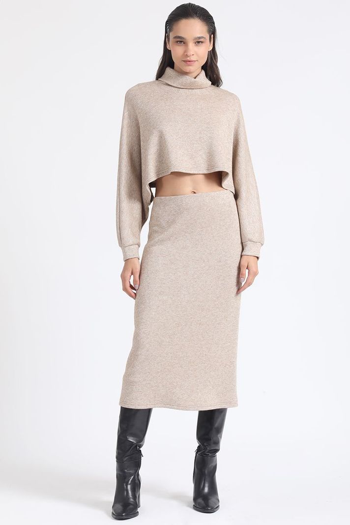 Falda Midi Tejido, Tubo, Con Hilo Metalizado, Beige Liola-2