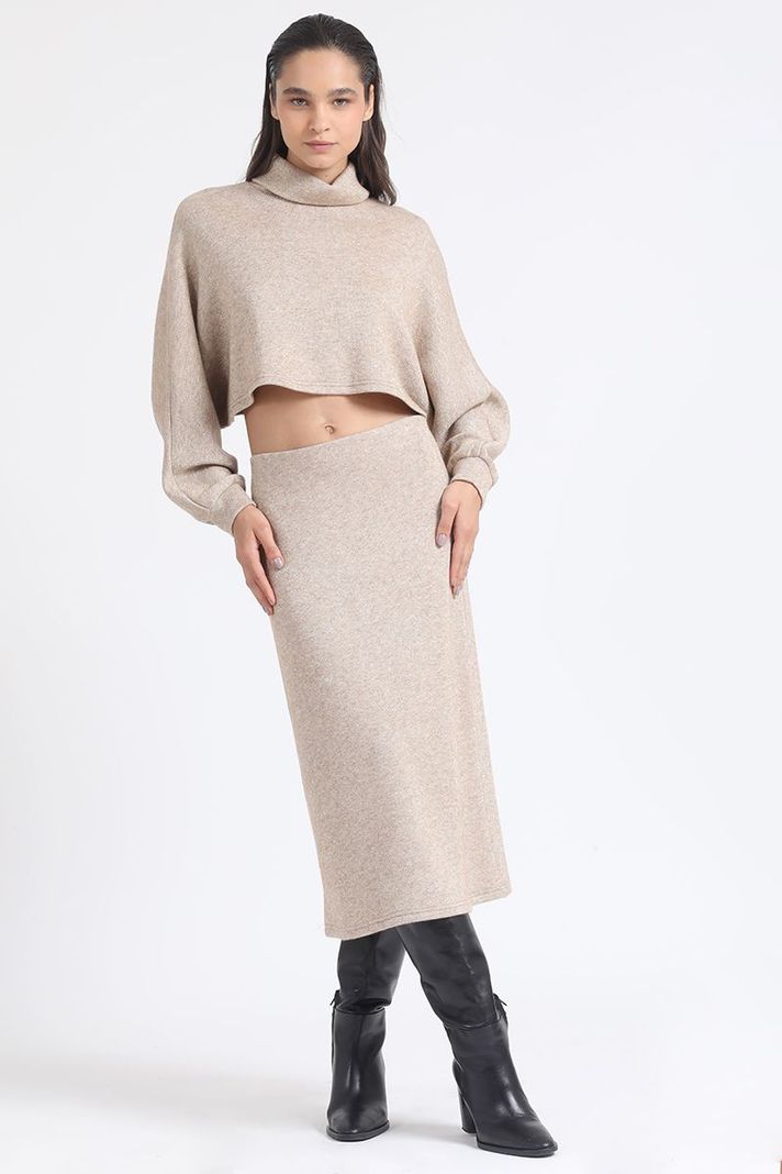 Falda Midi Tejido, Tubo, Con Hilo Metalizado, Beige Liola-3