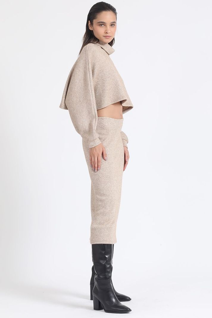 Falda Midi Tejido, Tubo, Con Hilo Metalizado, Beige Liola-4