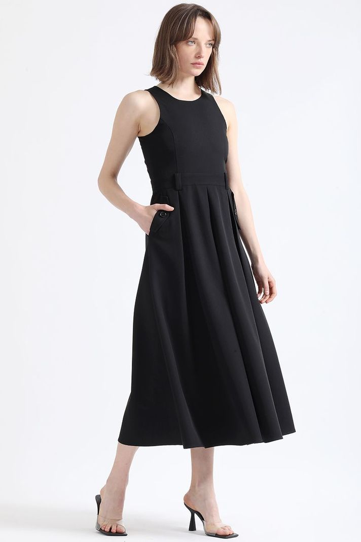 Vestido Maxi Faldon Pliegues, Negro Liola-0