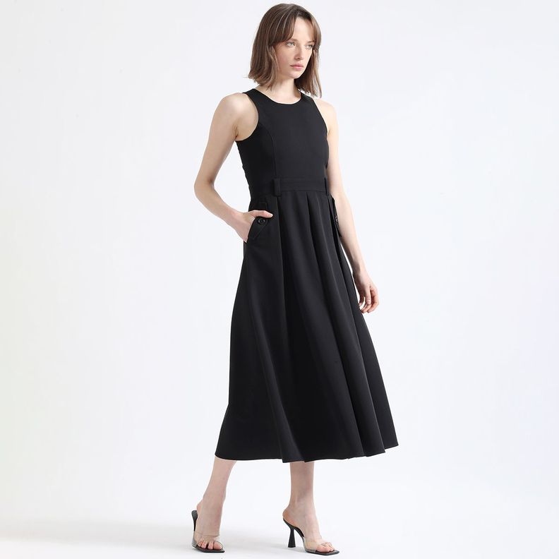 Vestido Maxi Faldon Pliegues, Negro Liola-1