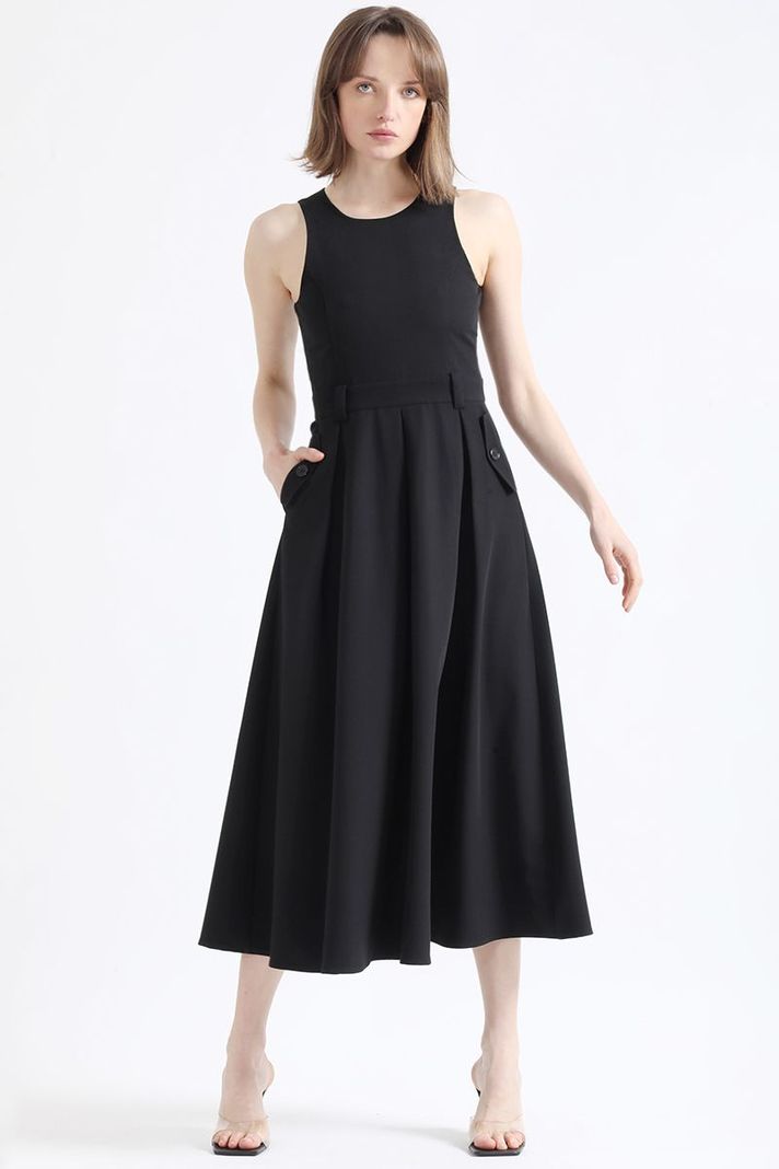 Vestido Maxi Faldon Pliegues, Negro Liola-2