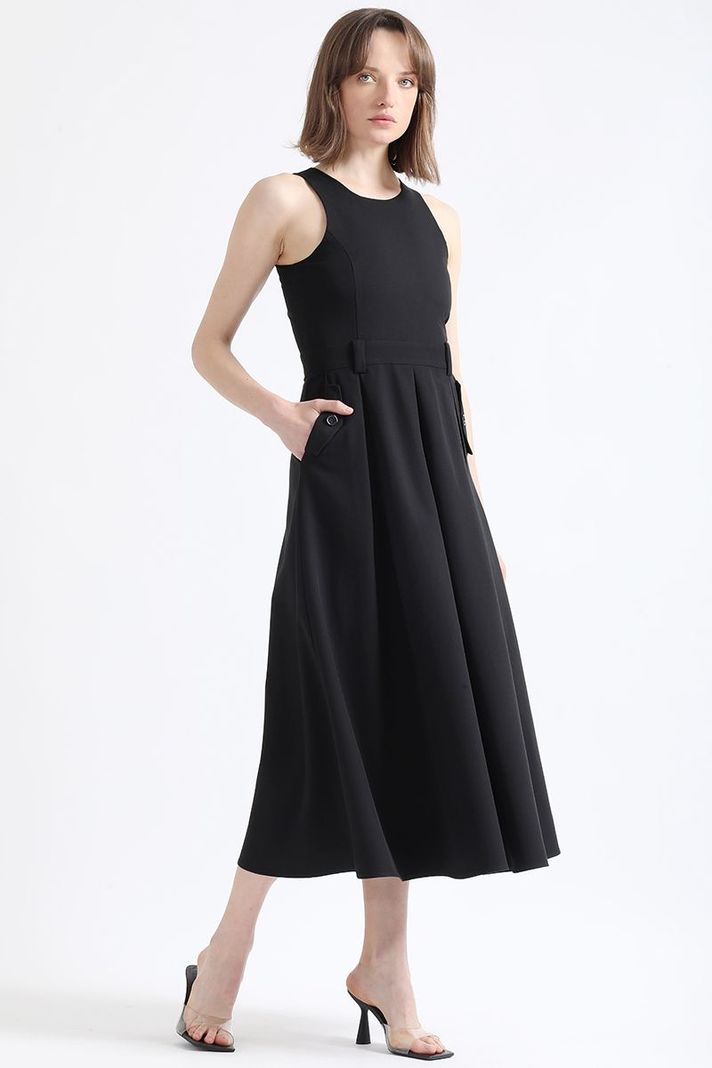 Vestido Maxi Faldon Pliegues, Negro Liola-4
