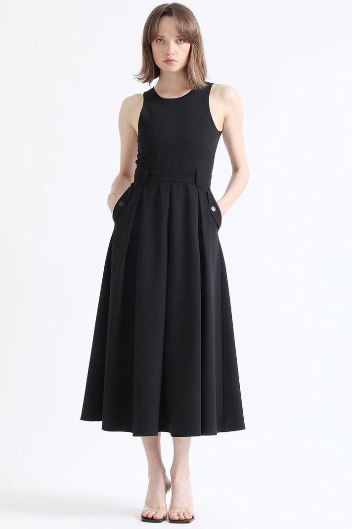 Vestido Maxi Faldon Pliegues, Negro Liola-6