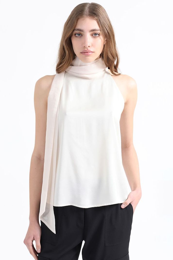 Top Satin Fluido Con Lazada En Cuello, Crudo Liola-0