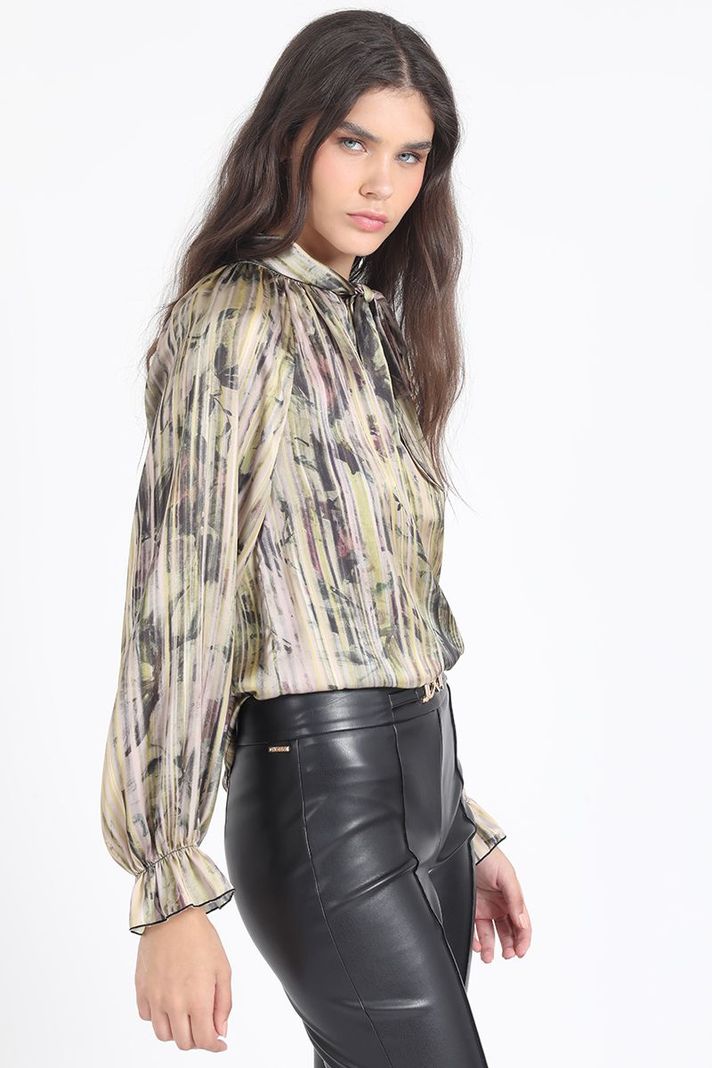 Blusa Lazada En Cuello, Satin Estampado, Amarillo Liola-2