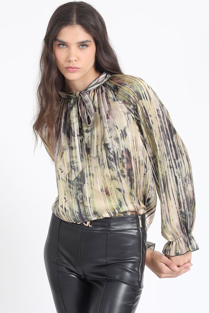 Blusa Lazada En Cuello, Satin Estampado, Amarillo Liola-4
