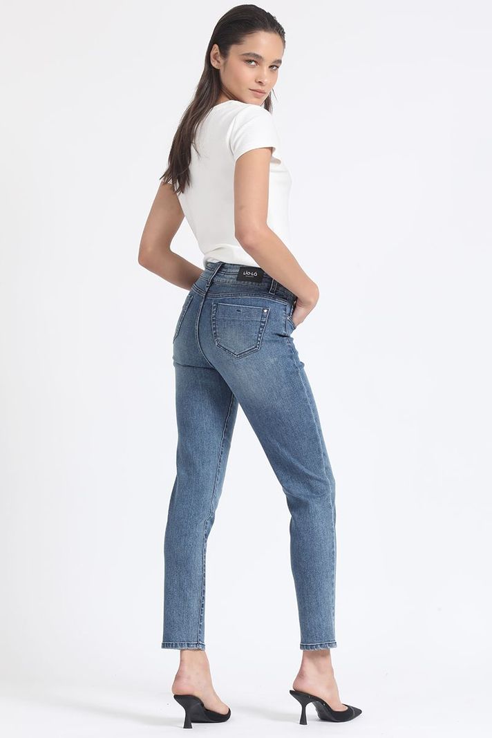 Jeans Skinny Tiro Medio, Doble Pretina, Azul Liola-3